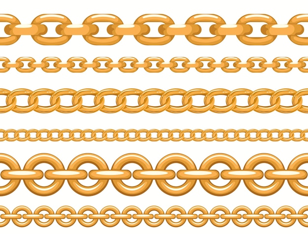 Golden chain set. Seamless realistic golden jewelry links. Luxury Thin metallic chains. Vector