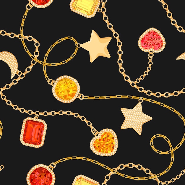 golden chains and gemstones seamless pattern. jewelry emeralds, gold accessories, gems and diamonds fashion pattern for fabric textile. vector illustration