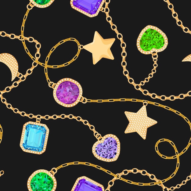 Golden chains and gemstones seamless pattern. jewelry emeralds, gold accessories, gems and diamonds fashion pattern for fabric textile. vector illustration