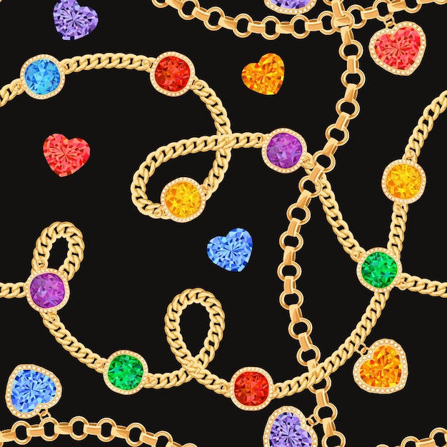 Golden chains and gemstones seamless pattern. jewelry emeralds, gold pendants, gems and diamonds fashion pattern for fabric textile. vector illustration