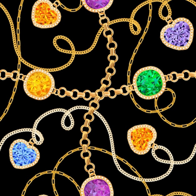 golden chains and gemstones seamless pattern. jewelry emeralds, gold pendants, gems and diamonds fashion pattern for fabric textile. vector illustration