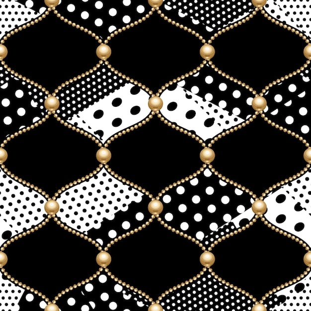 Golden chains grid with black and white polka dots seamless pattern