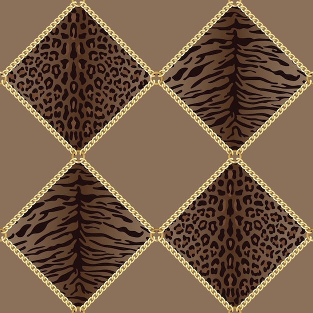 Modello senza cuciture di catene dorate con sfondo leopardo tigre moda oro e stampa animalier