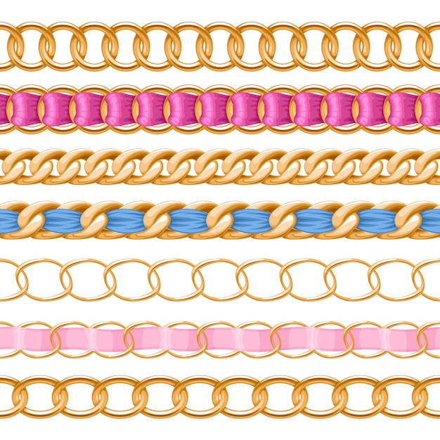 golden chains set with colorful threaded fabric ribbon  brush. good for necklace, bracelet, jewelry accessory .