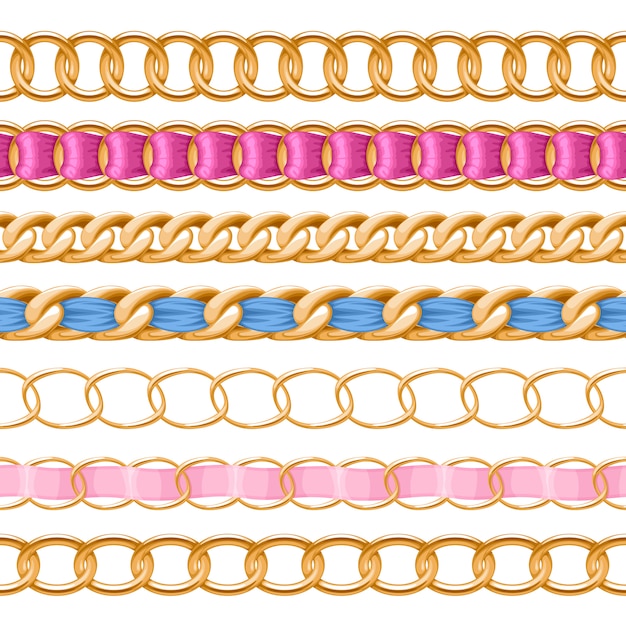 Vettore catene dorate con spazzola a nastro in tessuto filettato colorato. buono per collana, braccialetto, accessorio di gioielli.