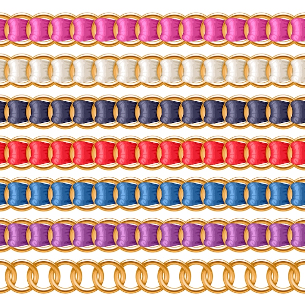 Vector golden chains set with colorful threaded fabric ribbon  brush. good for necklace, bracelet, jewelry accessory .