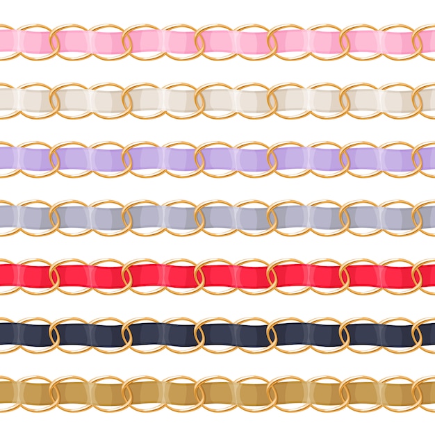 golden chains set with colorful threaded fabric ribbon  brush. good for necklace, bracelet, jewelry accessory .