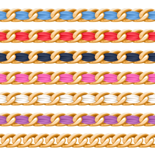 Vector golden chains set with colorful threaded fabric ribbon  brush. good for necklace, bracelet, jewelry accessory .