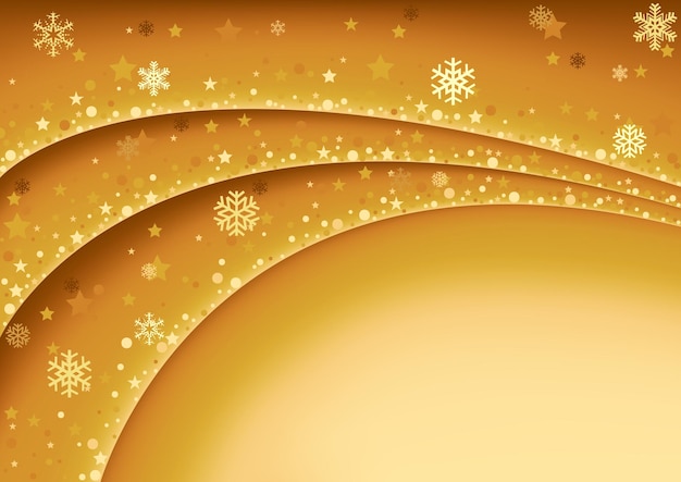 Golden christmas background with dots and stars and snowflakes on waves