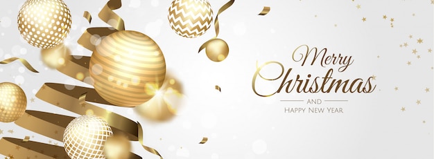 Golden christmas balls greeting banner