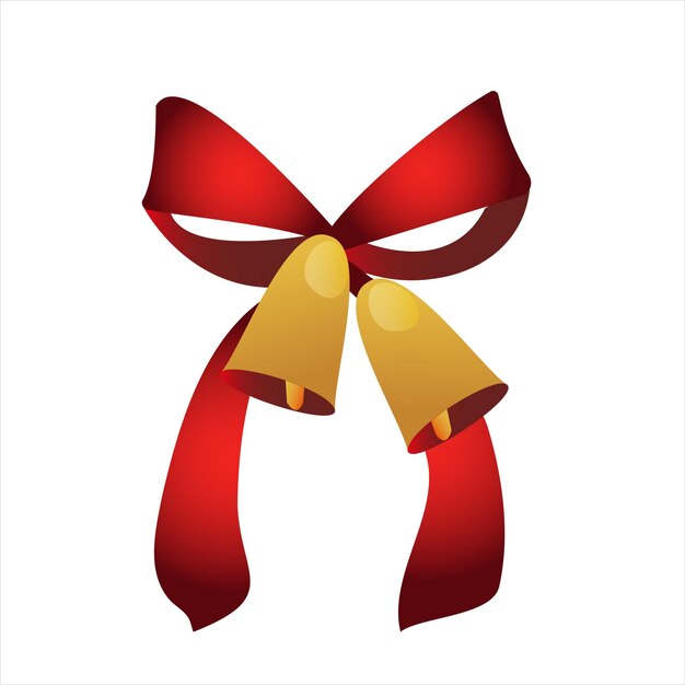 Golden Christmas bell with red ribbon and bow. Xmas decoration. Jingle bells icon. Vector