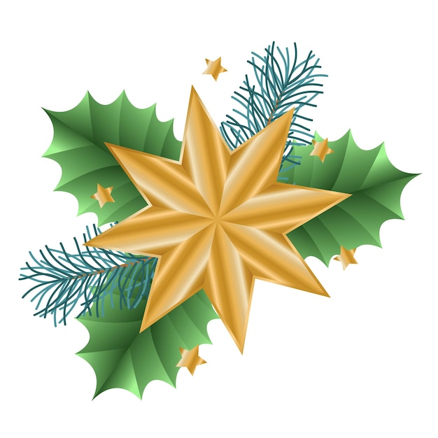 Golden Christmas eightpointed star with fir branches and leaves Vector illustration 3d picture