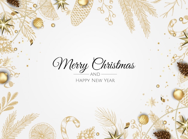 Vector golden christmas plants greeting background