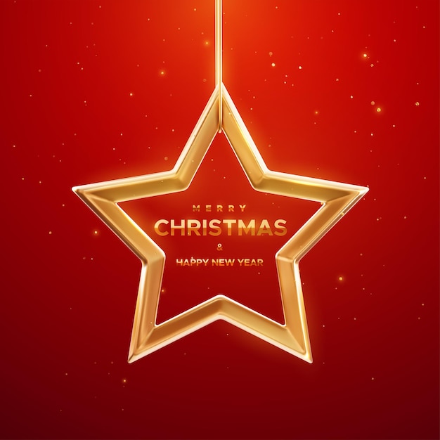 Golden Christmas star with golden confetti particles isolated on red background