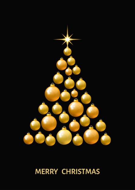 Golden  Christmas tree  made of Xmas balls and  star on black background
