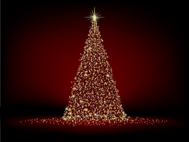 Vector golden christmas tree on red background.