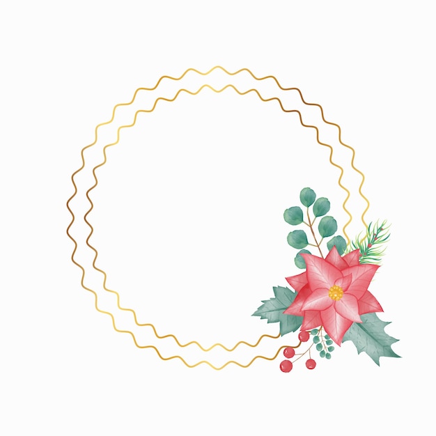 Golden Christmas wreath with Watercolor poinsettia flower on white background