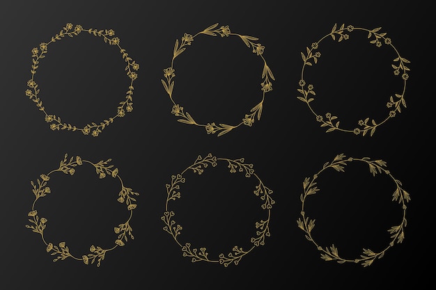 Golden circle floral frames set. hand drawn wreath