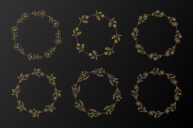 Vector golden circle floral frames set. hand drawn wreath