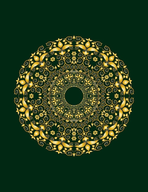 Golden circle floral ornament frame layout vector on dark green color background