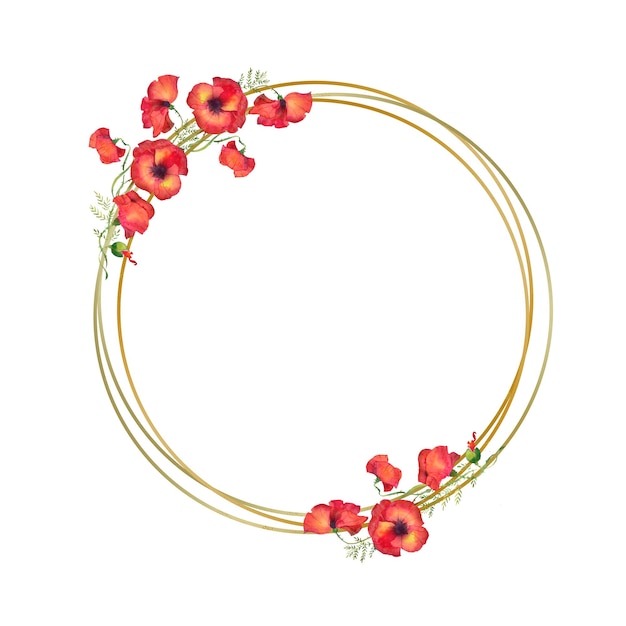 Golden circle frame with red poppies, watercolor illustration on a white background . wreath with bright poppies, red flax flowers and green leaves