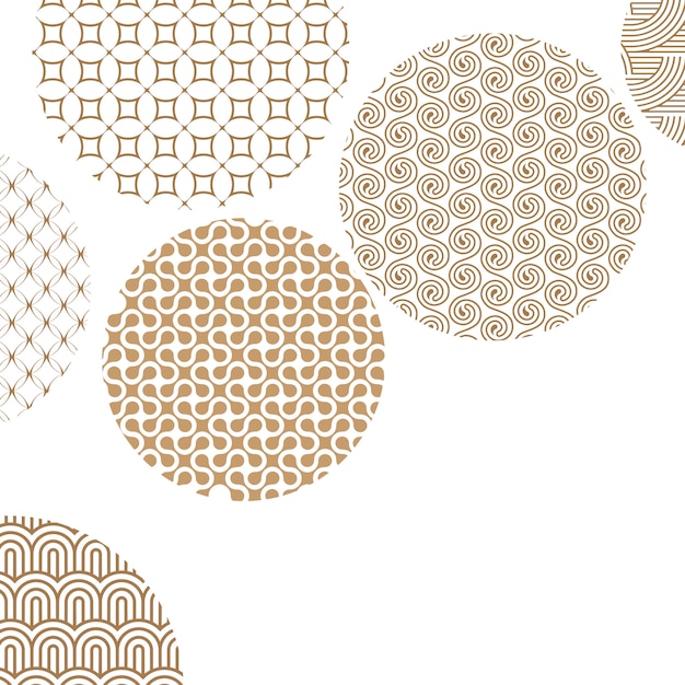 Vector golden circles with different geometric patterns on white with clipping mask