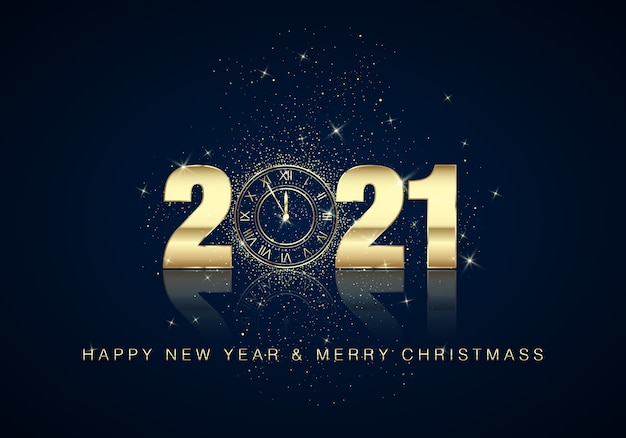 Golden Clock Dial with Numbers on Magic Christmas Background. New Year Countdown