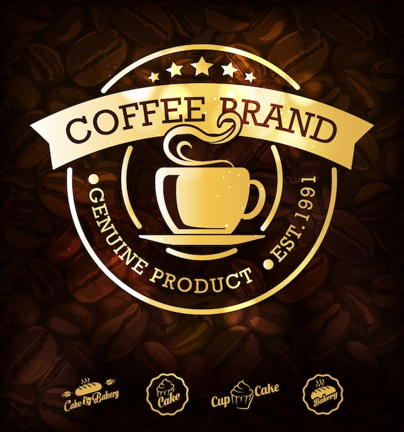 Golden coffee labels and coffee beans background