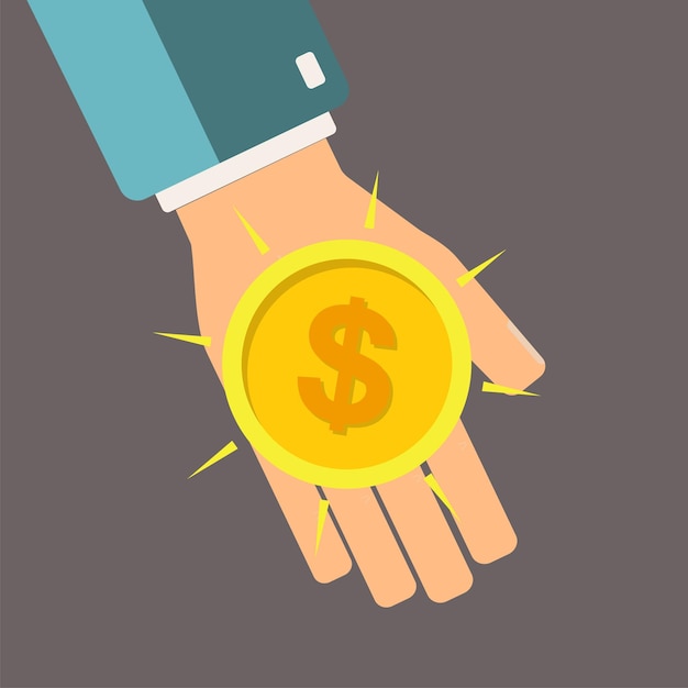 Golden coin in hand Vector illustration Profit concept