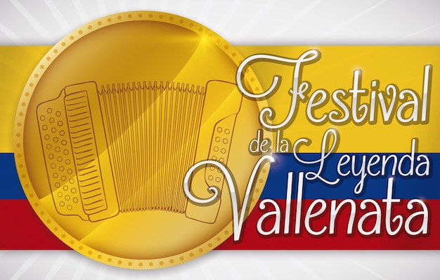 Vector golden coin with accordion on colombian flag for vallenato legend festival written in spanish