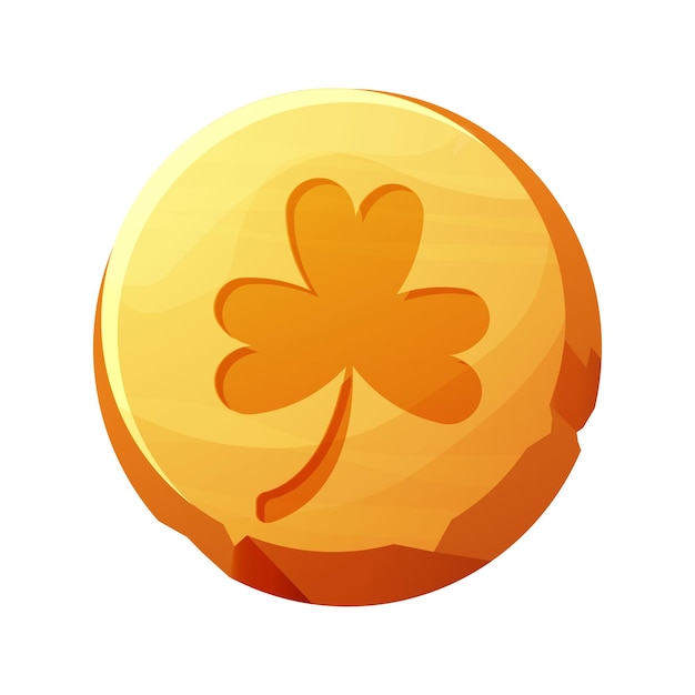 Vector golden coin with clover lucky symbol, irish penny celtic celebration element in cartoon style