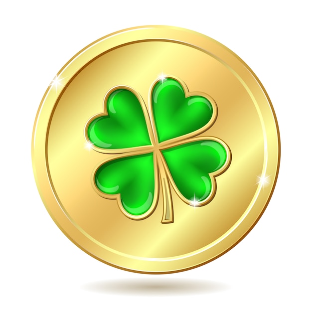 Vector golden coin with green clover.