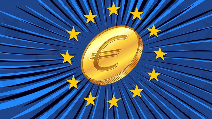 Вектор золотая монета со знаком eur и синий флаг европейского союза со звездами концепция cbdc введение цифровой валюты европейским центральным банком