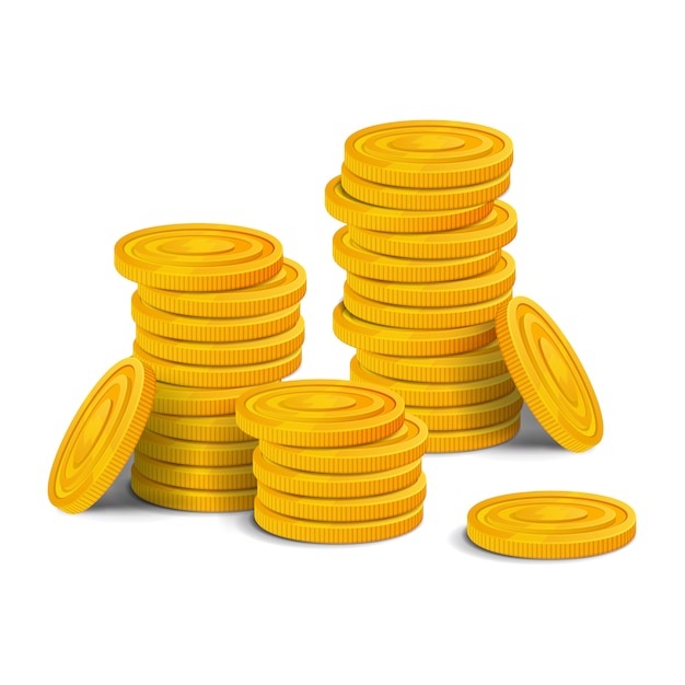 Golden coins big stack. Big pile of colorful glossy money realistic game asset.   illustration isolated on white background