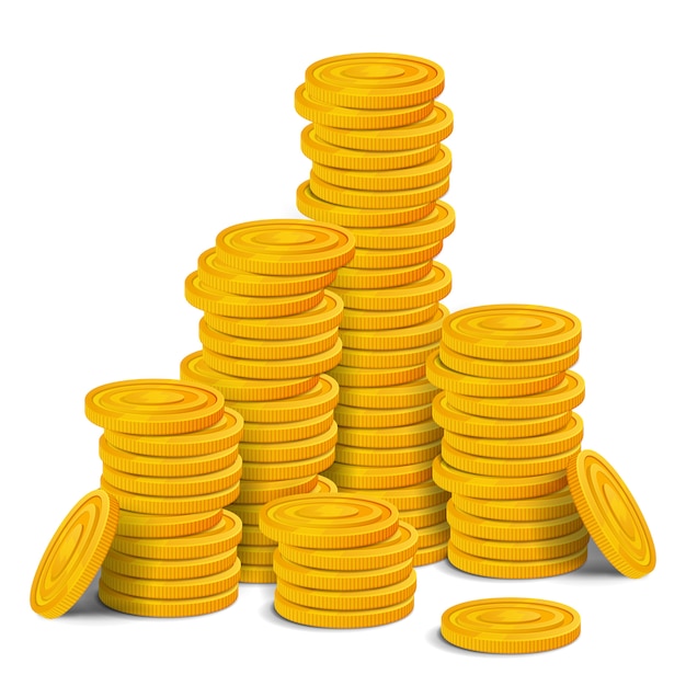 Vector golden coins big stack. hyge pile of colorful glossy money realistic game asset.  illustration isolated on white background