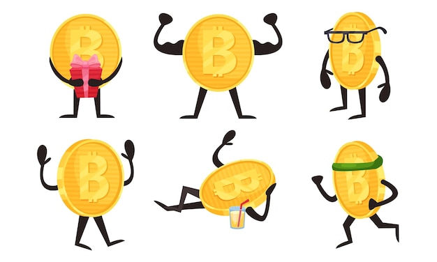 Vector golden coins characters with bitcoin sign in different actions vector set