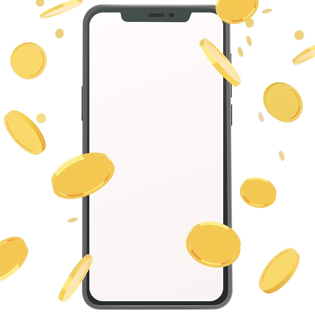 Golden coins falling around realistic smartphone illustration