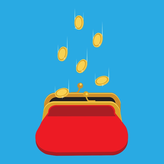 Golden coins falling in red retro purse isolated on blue background