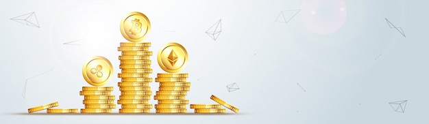 Golden coins on multiple crypto coins on grey background