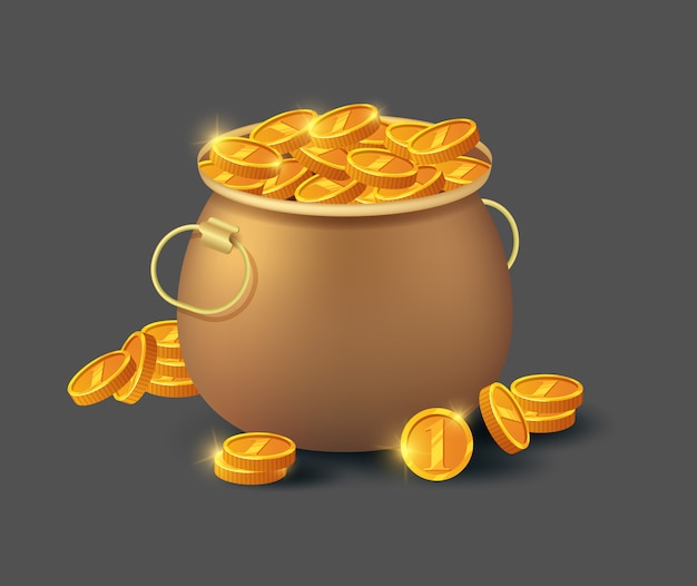 Golden coins in old bronze pot