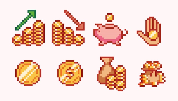 Golden coins pixel art set. Medals, treasure reward, stack of money collection. 8-bit sprite.