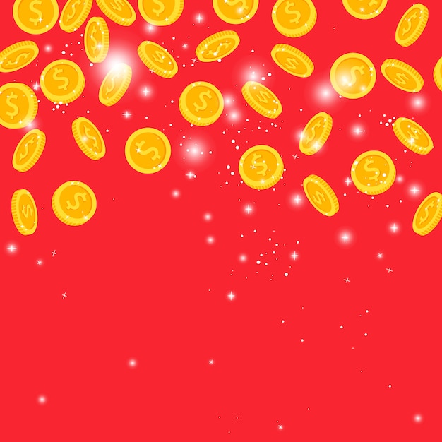 Vector golden coins rain on red