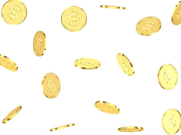 Golden coins. Realistic 3d gold money isolated on white background. dollar metal coin. vector illustration