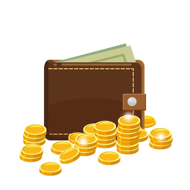 Vettore monete e portafoglio dorati con le banconote dei dollari in borsa