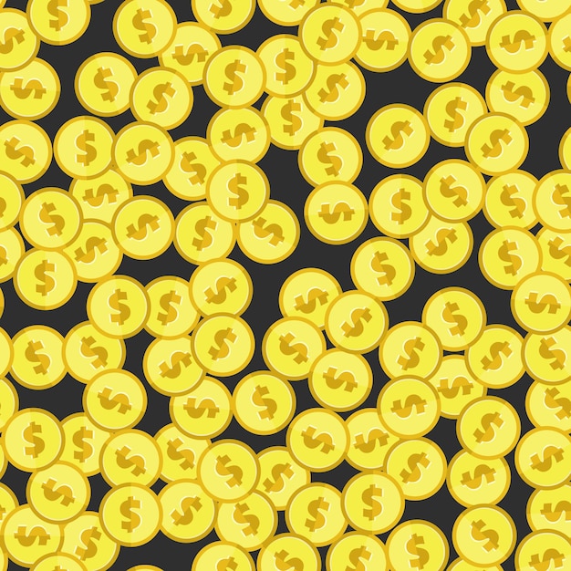 ドル記号のシームレスなパターンを持つ黄金のコイン。米国の通貨を繰り返し使用して背景をラッピング