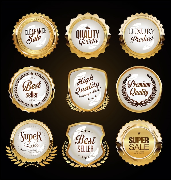 A golden collection of various badges and labels