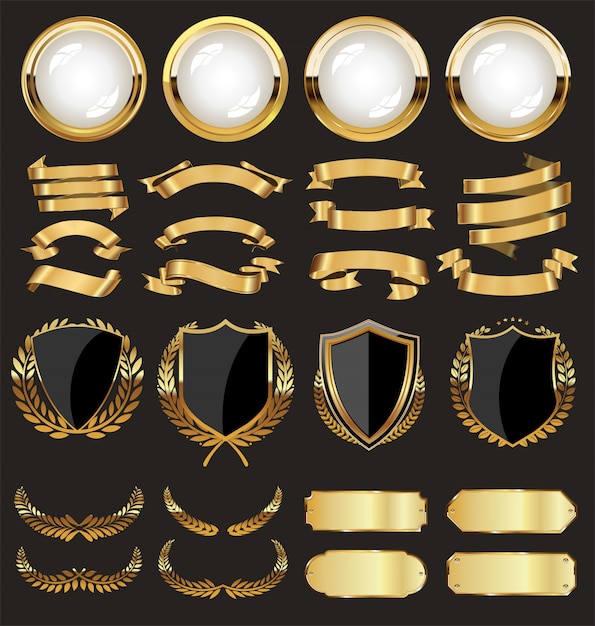 A golden collection of various badges and labels