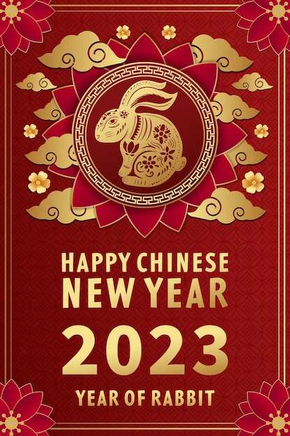 Golden color chinese new year 2023 on red background with rabbit