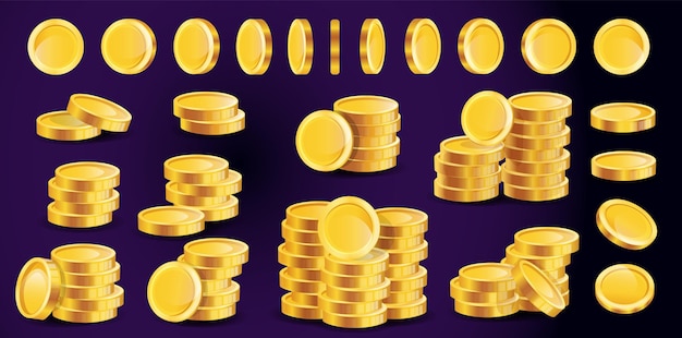 Vector golden color coins in various positions stack of money concept of saving earning and life within means isolated on dark purple background vector illustration