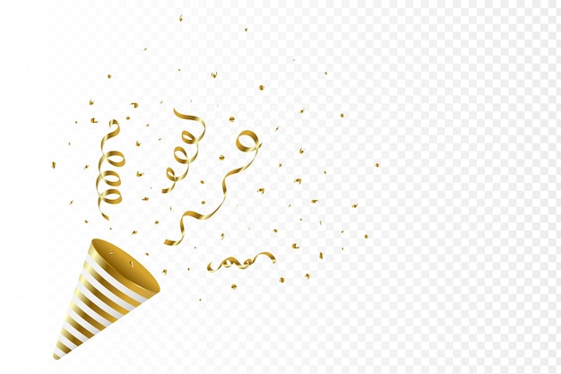 Golden color confetti and party popper on a white background Ribbon and tinsel with party cone